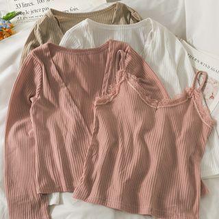 Set: Lace-trim Camisole + Open-front Loose Cardigan