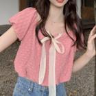 Puff-sleeve Ribbon Blouse Pink - One Size