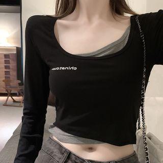 Mock Two-piece Long-sleeve Lettering Crop T-shirt