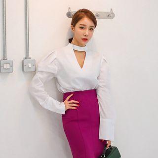 Puff-sleeve Cutout-front Top