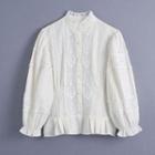 Long-sleeve Mock-neck Embroidered Blouse