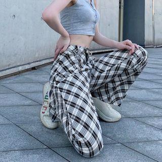 Plaid High Waist Slit Straight Leg Pants