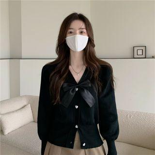 Ribbon Accent Heart Button Cardigan