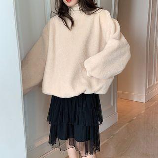 Turtleneck Pullover / Sleeveless Midi Mesh Layered Dress