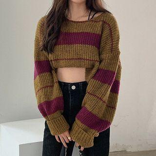 Cropped Striped Sweater Stripes - Camel & Fuchsia - One Size