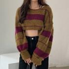 Cropped Striped Sweater Stripes - Camel & Fuchsia - One Size