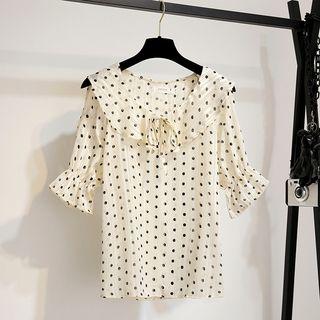 Elbow-sleeve Ruffled Dotted Chiffon Top