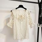 Elbow-sleeve Ruffled Dotted Chiffon Top