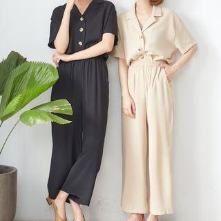 Set: Short Sleeve Plain Shirt + Wide-leg Pants