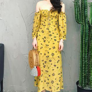 Long-sleeve Off-shoulder Smocked Floral Dress