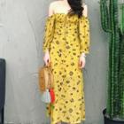 Long-sleeve Off-shoulder Smocked Floral Dress