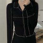 Long-sleeve Contrast Trim Collar Knit Top Black - One Size