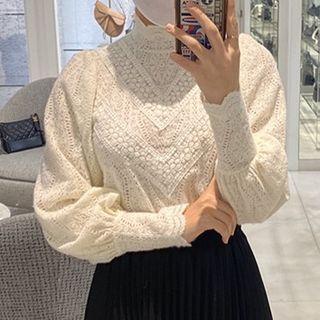 Turtleneck Lace Blouse Light Almond - One Size