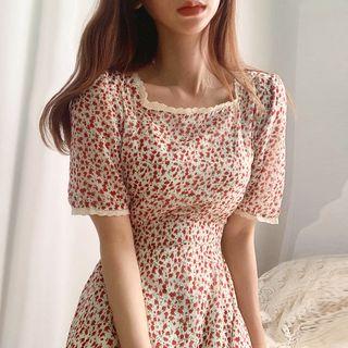 Floral Short-sleeve Midi A-line Dress White - One Size