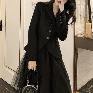 Buttoned Blazer / Midi A-line Mesh Skirt