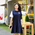 Contrast-sleeve Ruffle-hem Dress