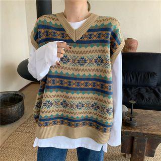 Patterned Knit Vest / Long-sleeve Plain T-shirt