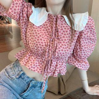Puff-sleeve Peter Pan Collar Tie-accent  Print Cropped Shirt