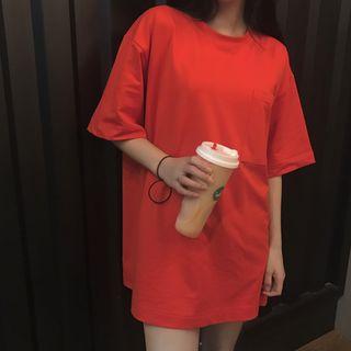 Oversize Plain Elbow-sleeve T-shirt