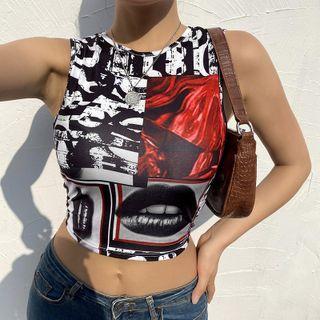 Color Block Print Crop Tank Top