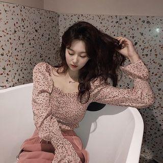 Long-sleeve Floral-pattern Smocked Top