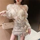 Long-sleeve Ruffle Mesh Top / Sequin Mini Fitted Skirt