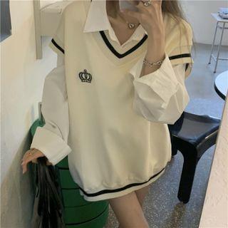 V-neck Crown Embroidered Vest