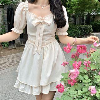 Puff-sleeve Frill Trim Bow A-line Dress