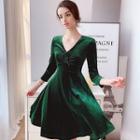 Long-sleeve Velvet A-line Dress Dark Green - S