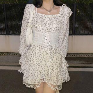 Bell-sleeve Floral Printed Lace Trim Mini Dress