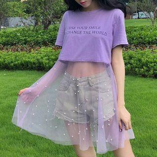 Faux Pearl Mesh Hem Lettering Short Sleeve T-shirt