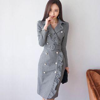 Ruffle Houndstooth Long-sleeve Sheath Dress