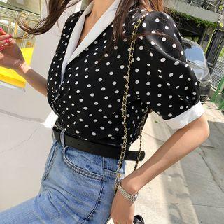 Shawl-collar Polka Dot Blouse Black - One Size