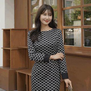 Padded-shoulder Patterned H-line Dress