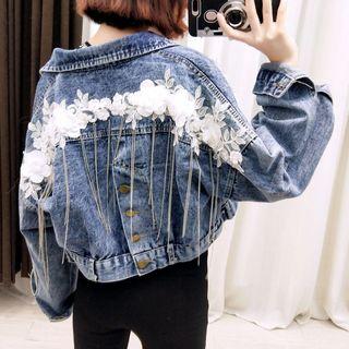 Flower Accent Cropped Denim Jacket
