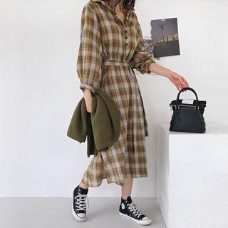 Half-placket Plaid Maxi Shirtdress With Sash