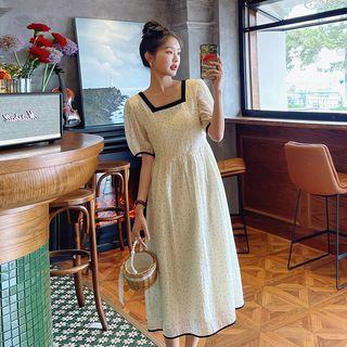 Color Block Square-neck Puff-sleeve Polka Dot Dress