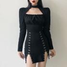 Long-sleeve Cutout Metal-accent Mini Bodycon Dress