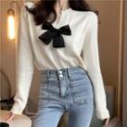 Long-sleeve Bow-front Knit Top White - One Size