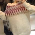 Color-block Crewneck Velvet Long-sleeve Sweater Milky White - One Size