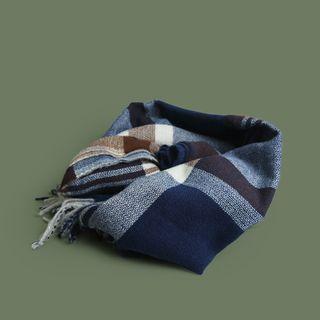 Plaid Tasseled Scarf Plaid - Blue & Brown - One Size