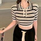 Short-sleeve Polo-neck Striped Cropped Knit Top / Wide-leg Pants