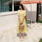 Round-neck Linen Blend A-line Dress Yellow - One Size