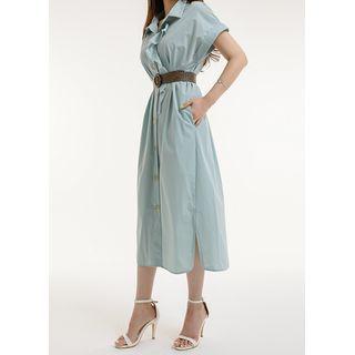 Cuff-sleeve Ruffled Long Shirtdress With Belt