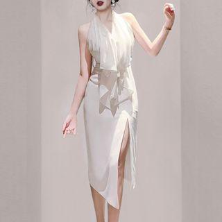 Halter Ruffle Trim Midi Bodycon Dress