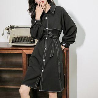 Puff-sleeve Contrast Stitching Shirt Dress