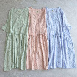 Short-sleeve V-neck Ruffled Trim Dotted Dress