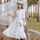 Set: Short-sleeve Floral Midi Chiffon Dress + Slipdress