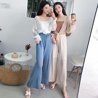 Set: Camisole Top + Chiffon Jacket + Wide-leg Pants