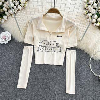 Short Sleeve Cat Print Polo Shirt With Mittens